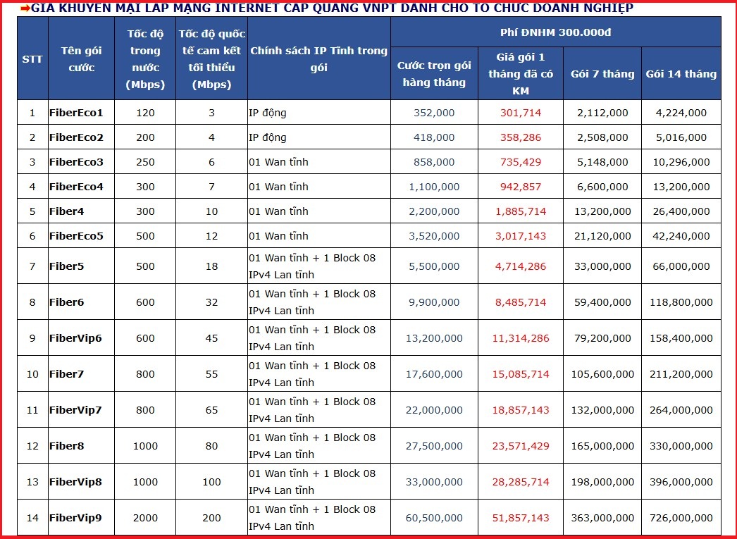 Bảng Giá Internet Mạng Cáp Quang VNPT Dành Cho Tổ Chức Doanh Nghiệp